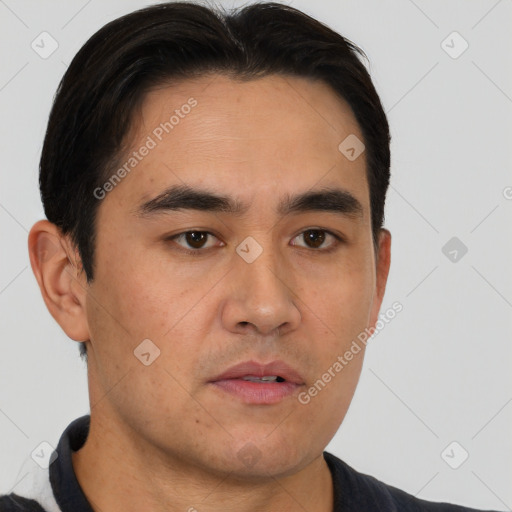 Neutral asian young-adult male with short  brown hair and brown eyes