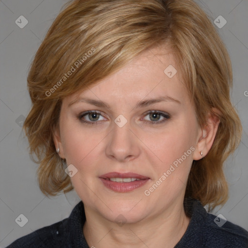 Joyful white young-adult female with medium  brown hair and blue eyes