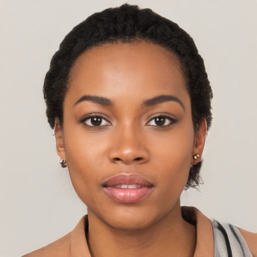 Neutral black young-adult female with short  black hair and brown eyes