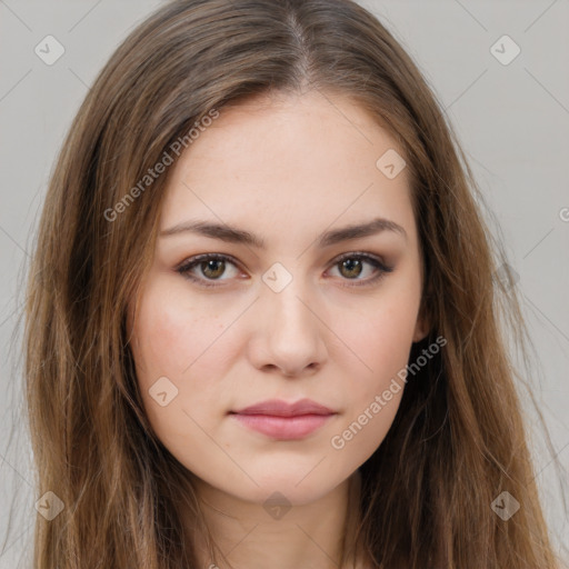 Neutral white young-adult female with long  brown hair and brown eyes