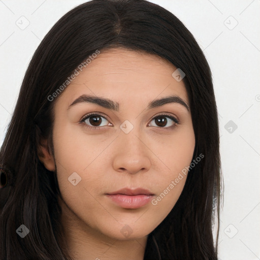 Neutral asian young-adult female with long  brown hair and brown eyes