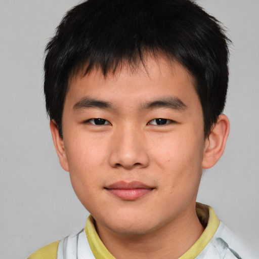 Neutral asian young-adult male with short  brown hair and brown eyes