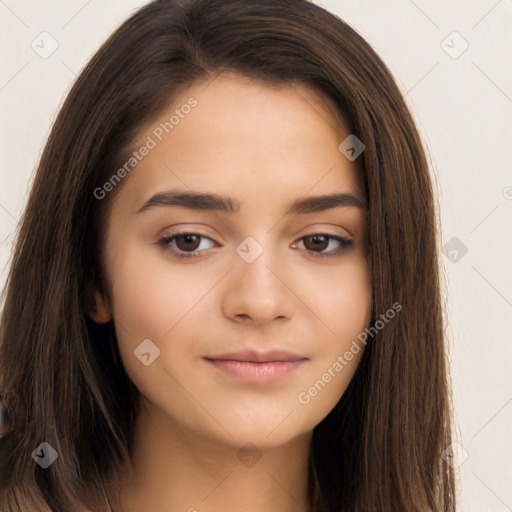 Neutral white young-adult female with long  brown hair and brown eyes