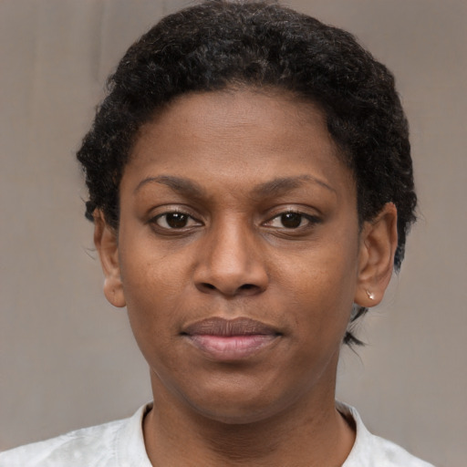 Neutral black young-adult female with short  brown hair and brown eyes