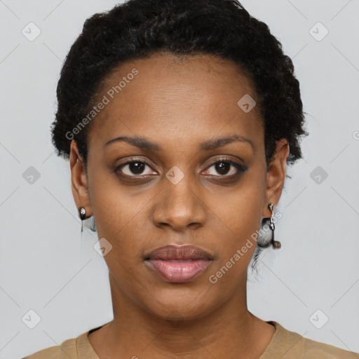 Neutral black young-adult female with short  black hair and brown eyes