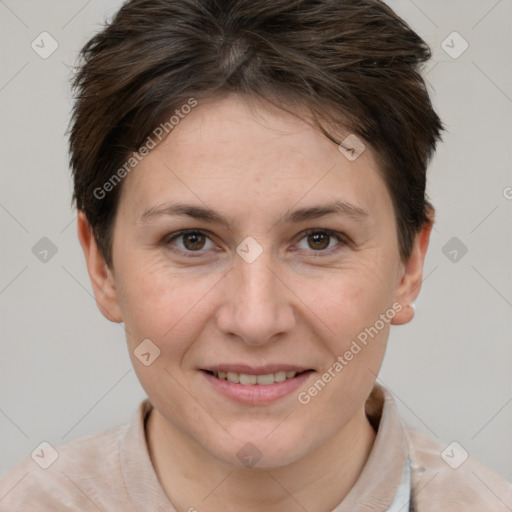 Joyful white young-adult female with short  brown hair and brown eyes