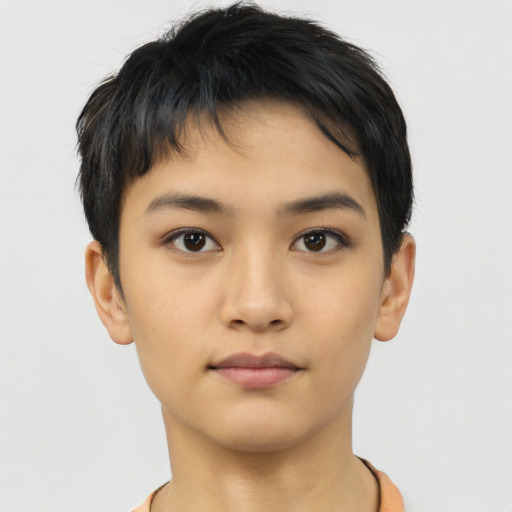 Neutral asian young-adult female with short  black hair and brown eyes