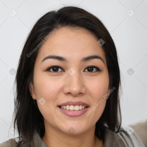 Joyful white young-adult female with long  brown hair and brown eyes