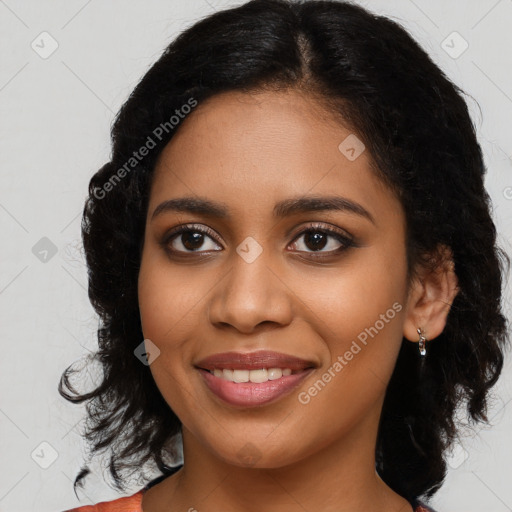 Joyful latino young-adult female with medium  black hair and brown eyes