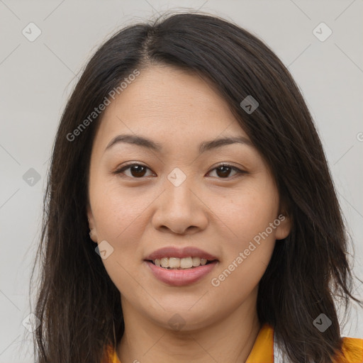 Joyful white young-adult female with long  brown hair and brown eyes