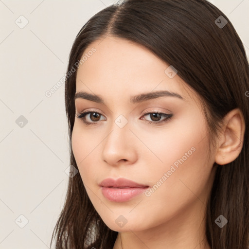 Neutral white young-adult female with long  brown hair and brown eyes