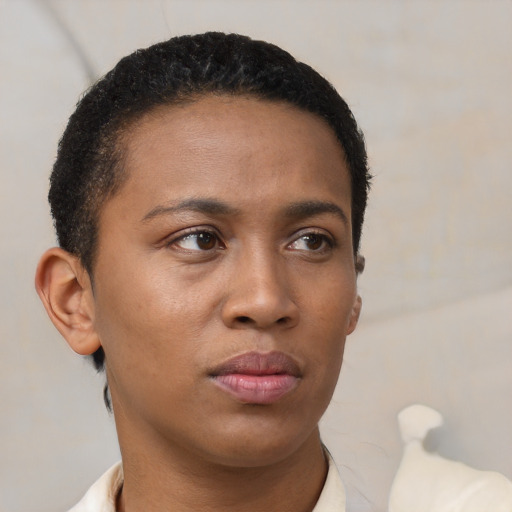 Neutral black young-adult female with short  brown hair and brown eyes
