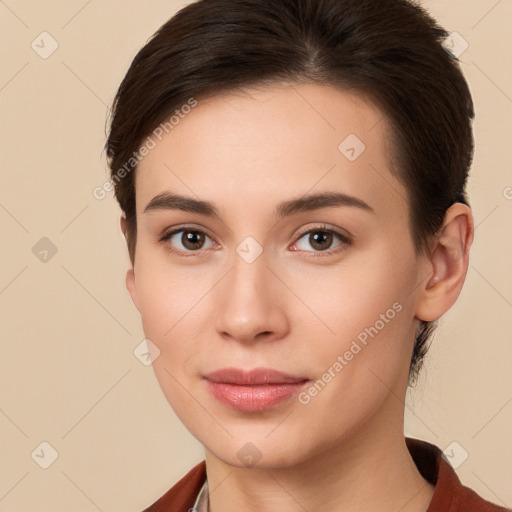 Neutral white young-adult female with short  brown hair and brown eyes