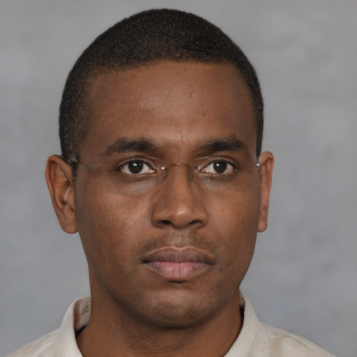 Neutral black young-adult male with short  brown hair and brown eyes
