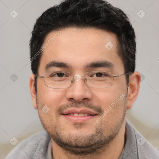 Joyful white adult male with short  brown hair and brown eyes