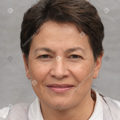 Joyful white adult female with short  brown hair and brown eyes