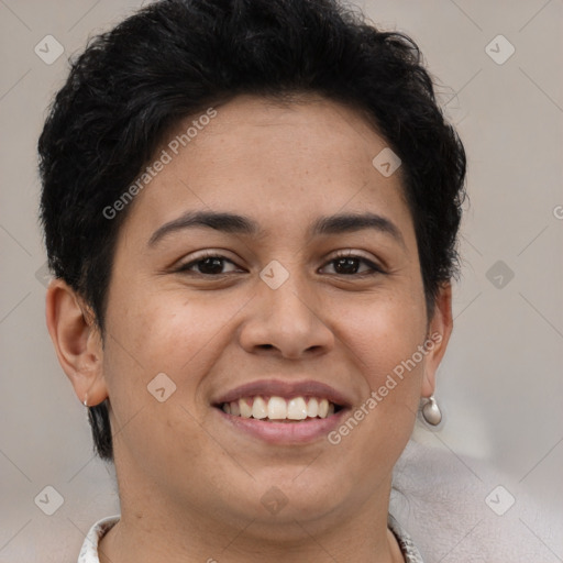 Joyful latino young-adult female with short  brown hair and brown eyes