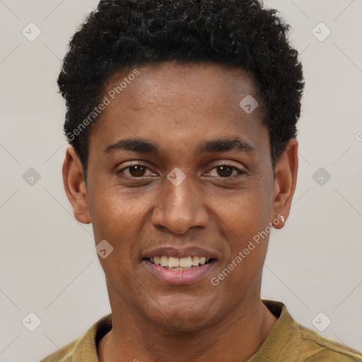 Joyful black young-adult male with short  black hair and brown eyes