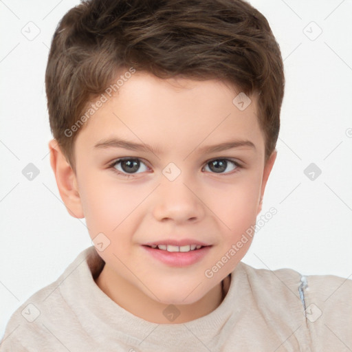 Joyful white child male with short  brown hair and brown eyes