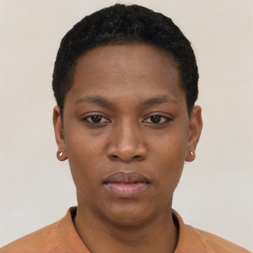 Neutral black young-adult female with short  black hair and brown eyes