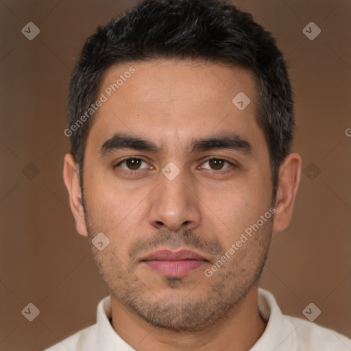 Neutral white young-adult male with short  brown hair and brown eyes