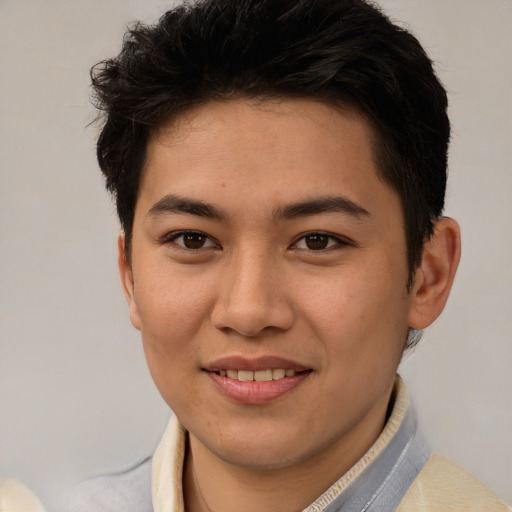 Joyful asian young-adult male with short  brown hair and brown eyes
