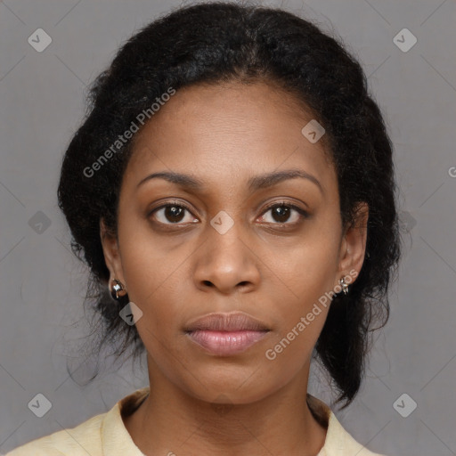 Neutral black young-adult female with medium  brown hair and brown eyes