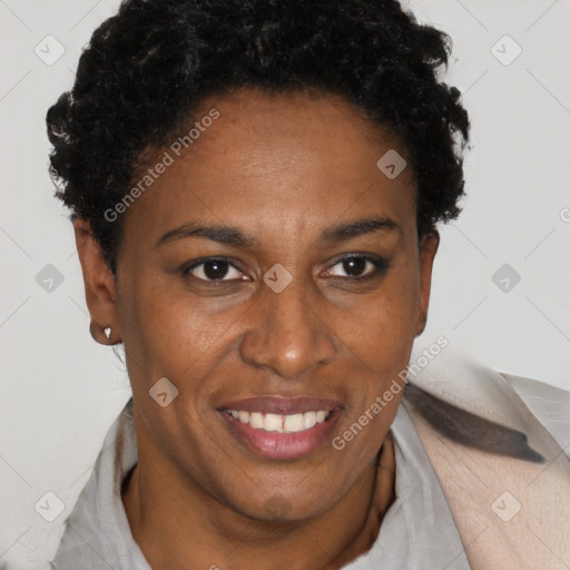 Joyful black adult female with short  brown hair and brown eyes