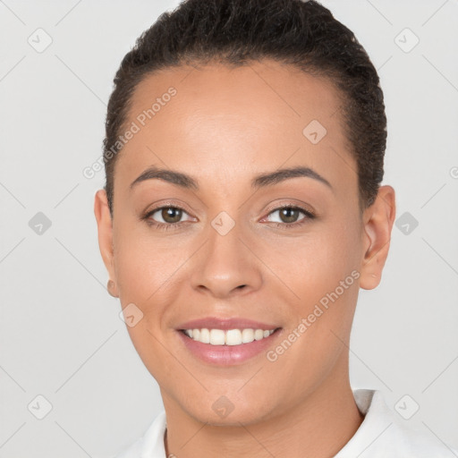 Joyful white young-adult female with short  brown hair and brown eyes