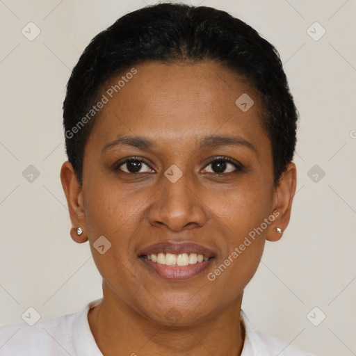 Joyful black adult female with short  black hair and brown eyes