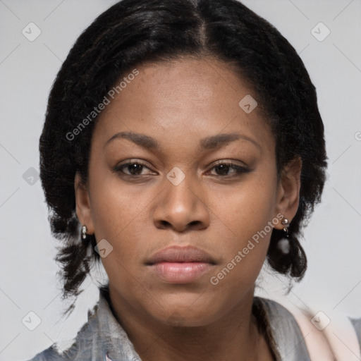 Neutral black young-adult female with medium  brown hair and brown eyes