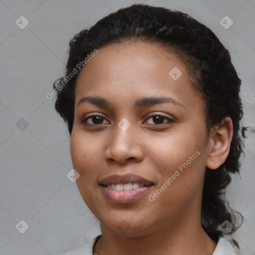 Joyful latino young-adult female with medium  black hair and brown eyes