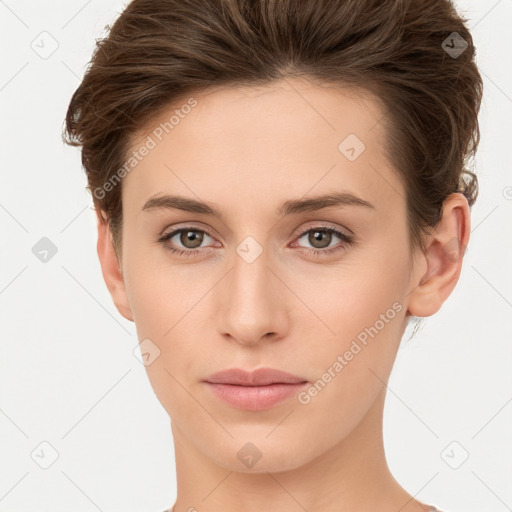 Neutral white young-adult female with short  brown hair and brown eyes