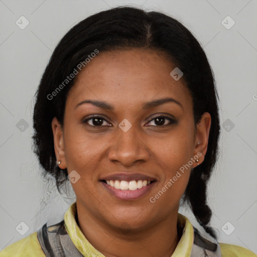 Joyful latino young-adult female with medium  brown hair and brown eyes