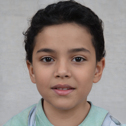 Joyful asian child female with short  brown hair and brown eyes