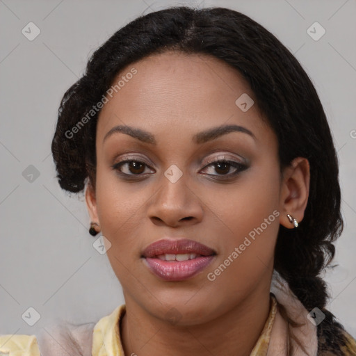 Joyful latino young-adult female with medium  brown hair and brown eyes