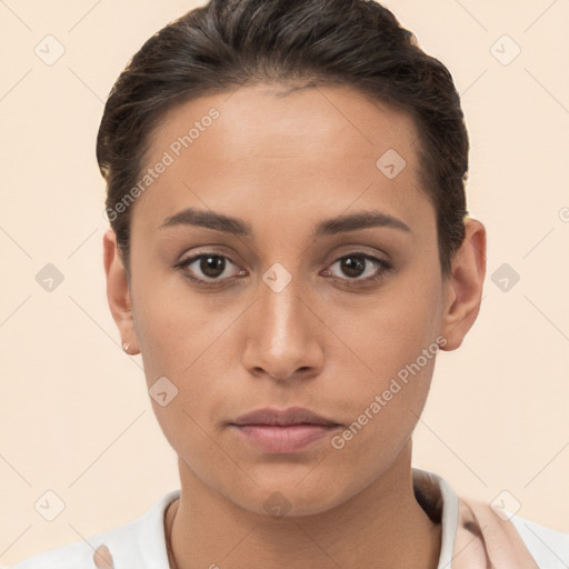 Neutral white young-adult female with short  brown hair and brown eyes