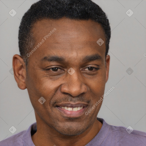 Joyful black adult male with short  black hair and brown eyes
