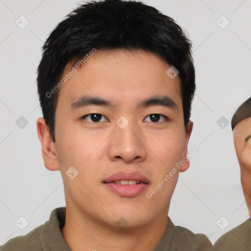 Neutral asian young-adult male with short  black hair and brown eyes