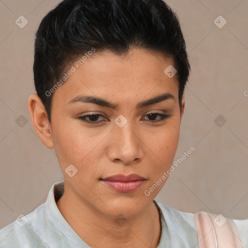 Neutral asian young-adult female with short  brown hair and brown eyes