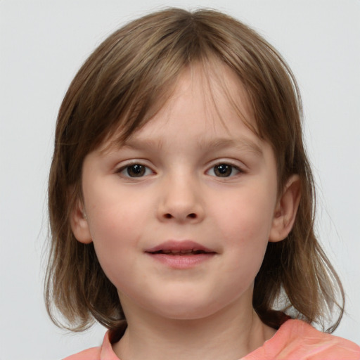 Neutral white child female with medium  brown hair and grey eyes