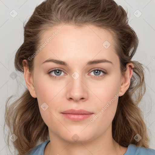 Neutral white young-adult female with medium  brown hair and grey eyes