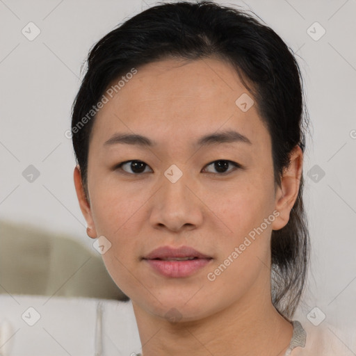 Neutral asian young-adult female with short  black hair and brown eyes