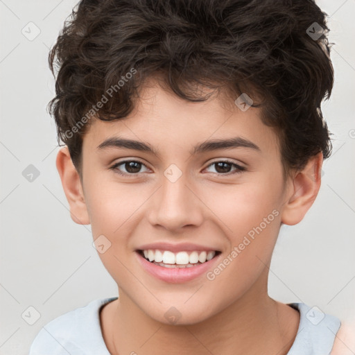 Joyful white child female with short  brown hair and brown eyes