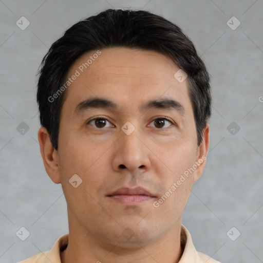 Neutral asian young-adult male with short  brown hair and brown eyes