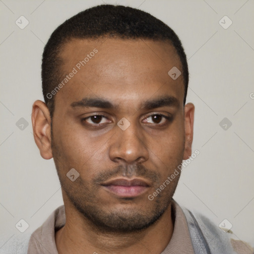 Neutral latino young-adult male with short  black hair and brown eyes