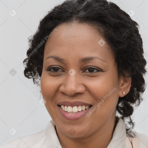 Joyful white adult female with long  brown hair and brown eyes