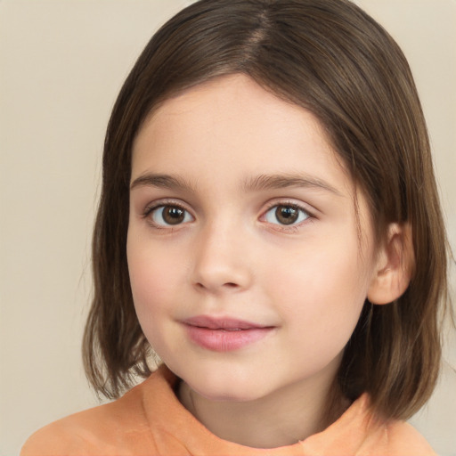 Joyful white child female with medium  brown hair and brown eyes