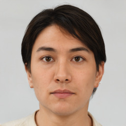 Neutral asian young-adult male with short  brown hair and brown eyes