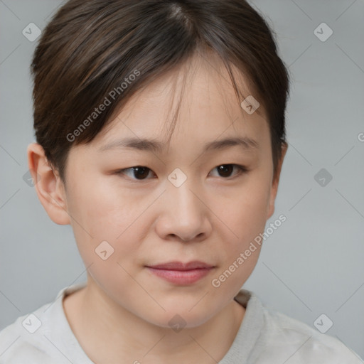 Joyful white child female with short  brown hair and brown eyes